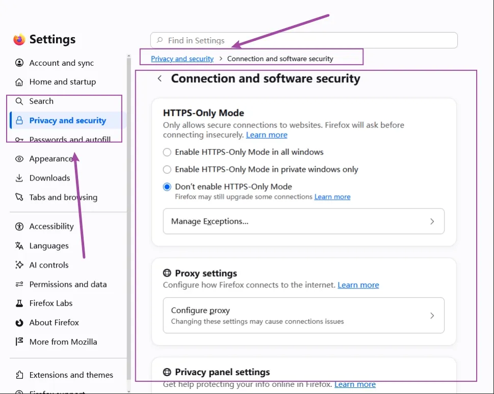 Firefox Settings showing the Configure proxy entry under Privacy and security and Connection and software security
