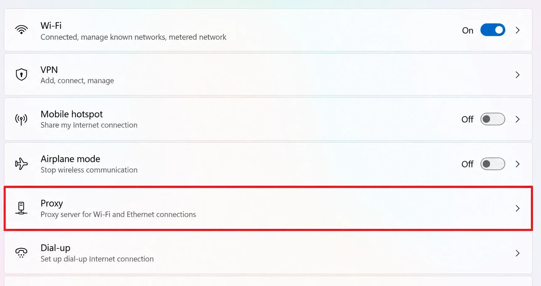 Windows 11网络和Internet设置页面，红框标出代理入口