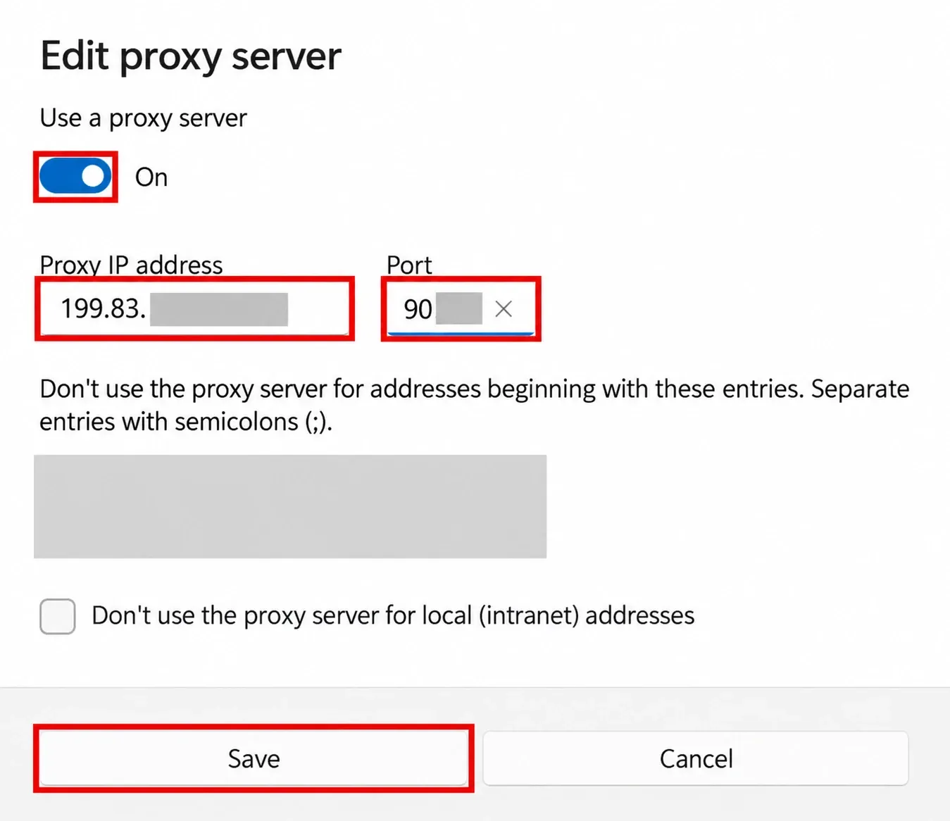 Windows 11手动代理表单，标出代理开关、已部分遮挡的地址和端口以及保存按钮