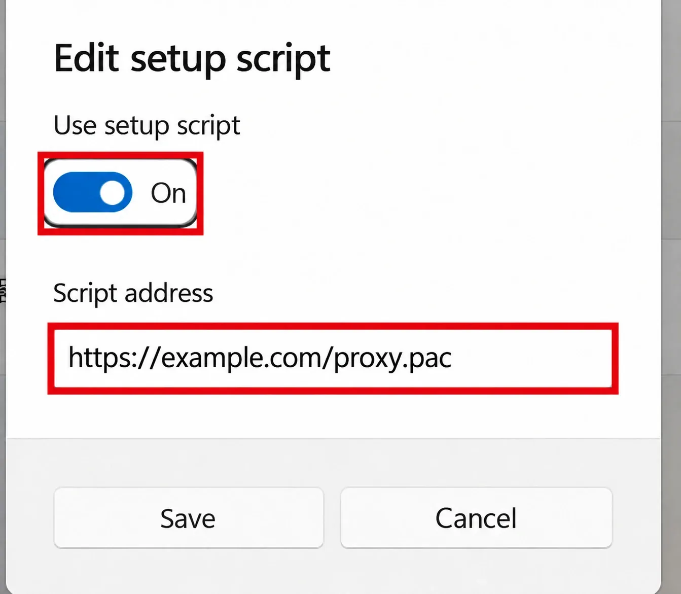 Windows 11设置脚本窗口，红框标出开关和示例PAC地址