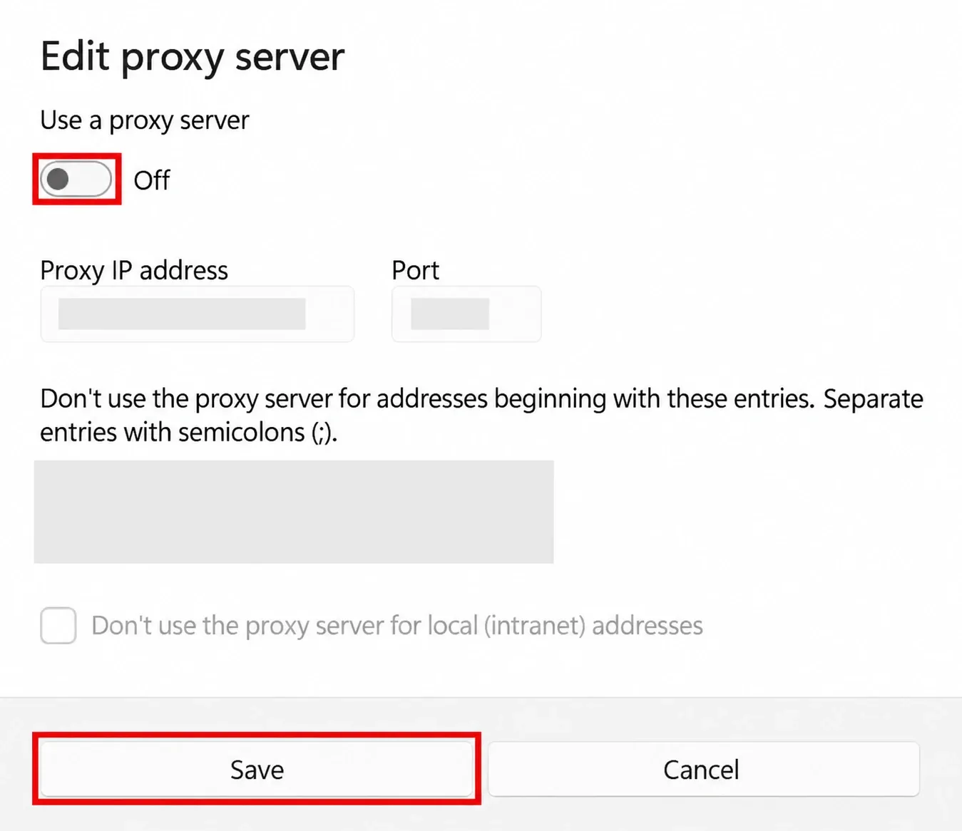 Windows 11手动代理窗口，红框标出关闭状态和保存按钮