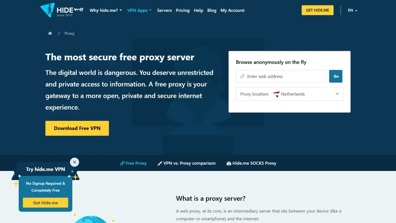 hide.me free web proxy with URL field and proxy location selector