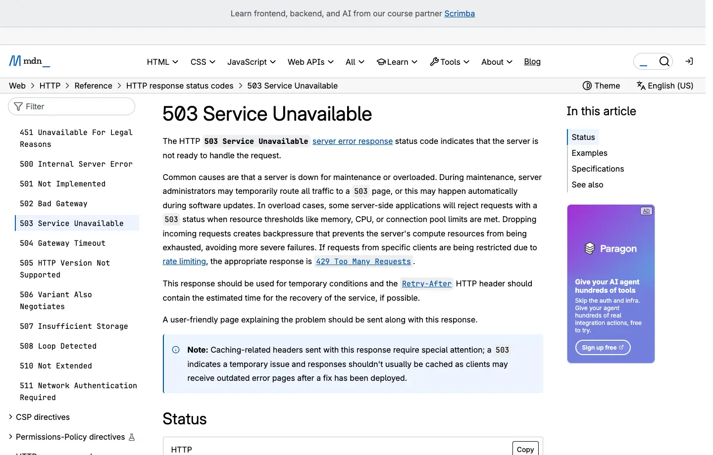 MDN 503 Service Unavailable reference page
