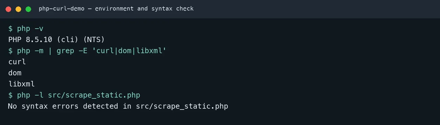 Example output of PHP environment, extension, and syntax checks