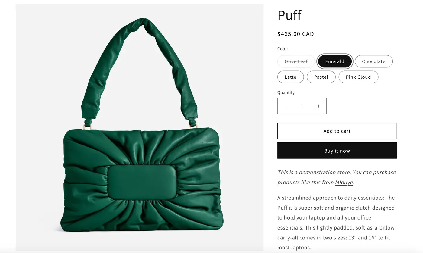 Puff选择Emerald时显示CAD 465.00、六种颜色和可用的加入购物车按钮。
