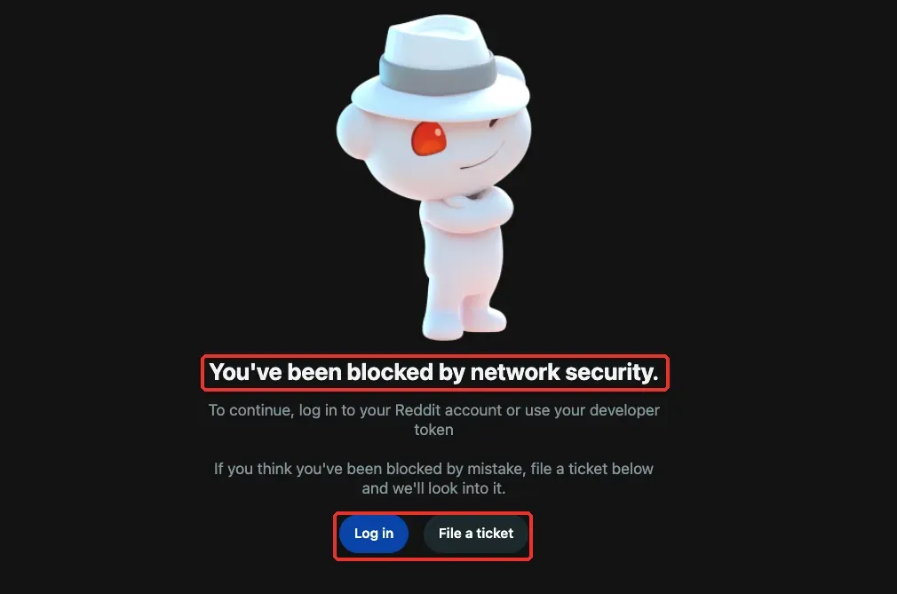 Figure 1. Reference screenshot of the Reddit network security block page