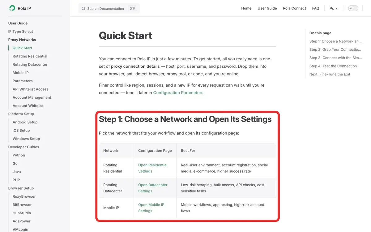 Rola IP Quick Start showing proxy network selection and connection information