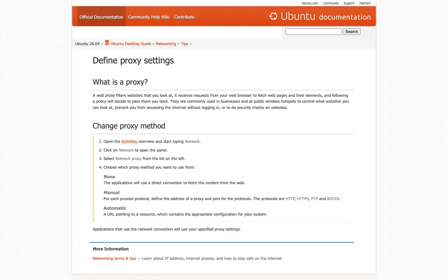 Ubuntu official documentation showing None, Manual, and Automatic proxy methods