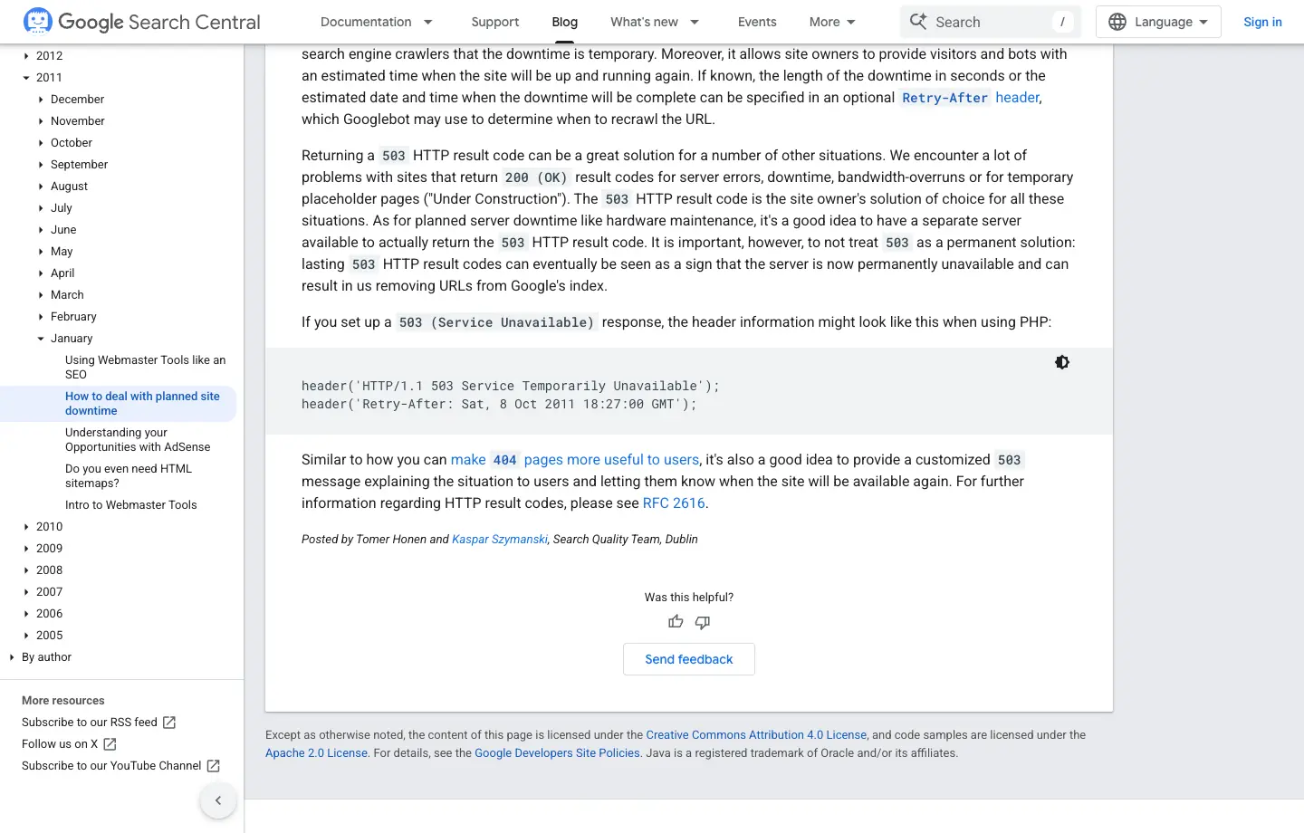 Google Search Central planned downtime example with 503