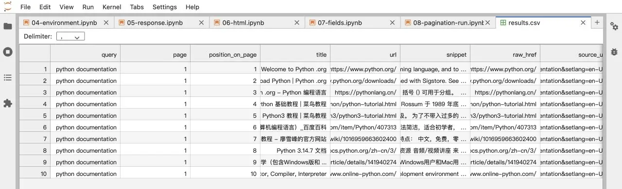 Figure 10: Opening the actual exported CSV in JupyterLab's table view