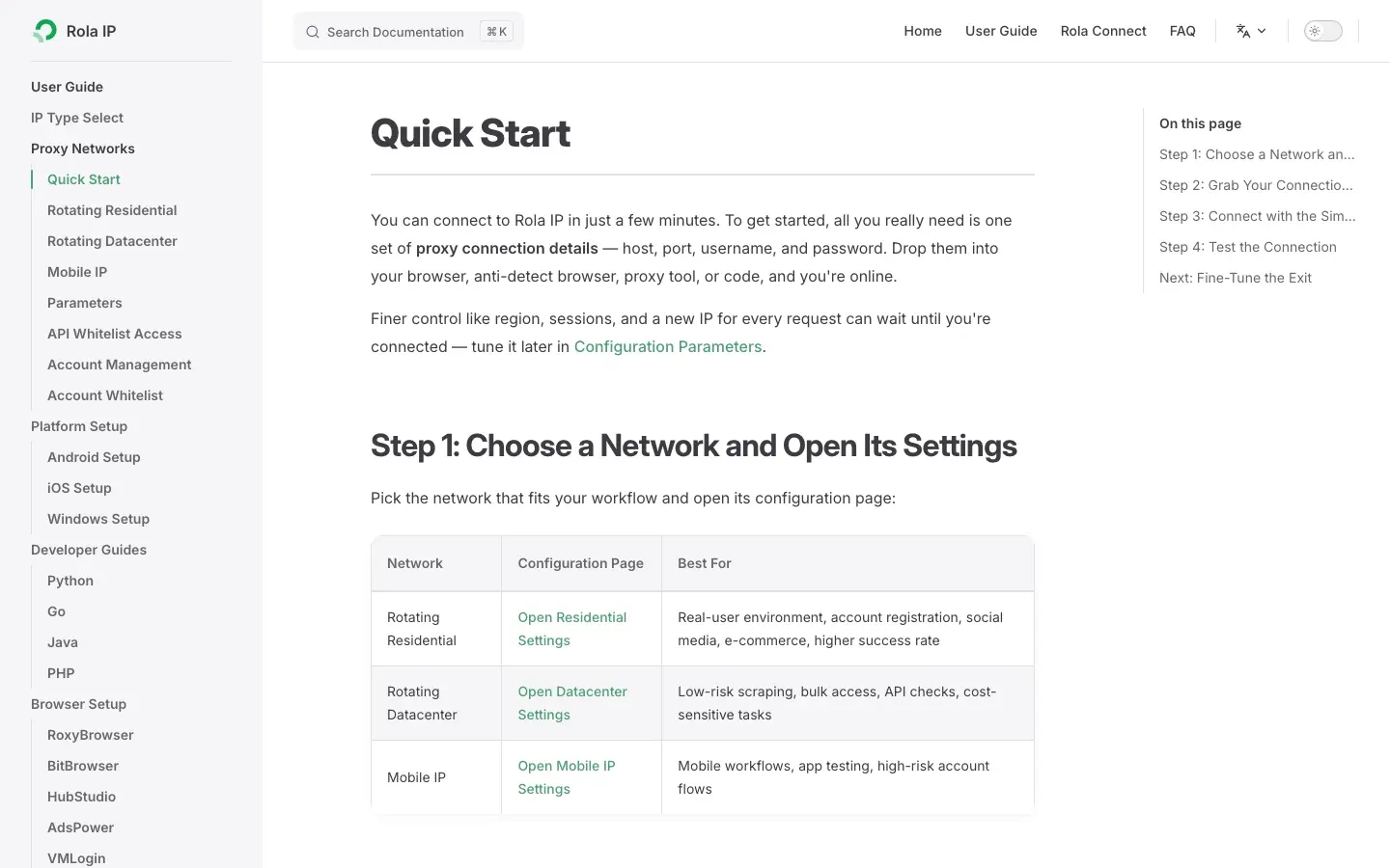 Rola IP Quick Start network selection page