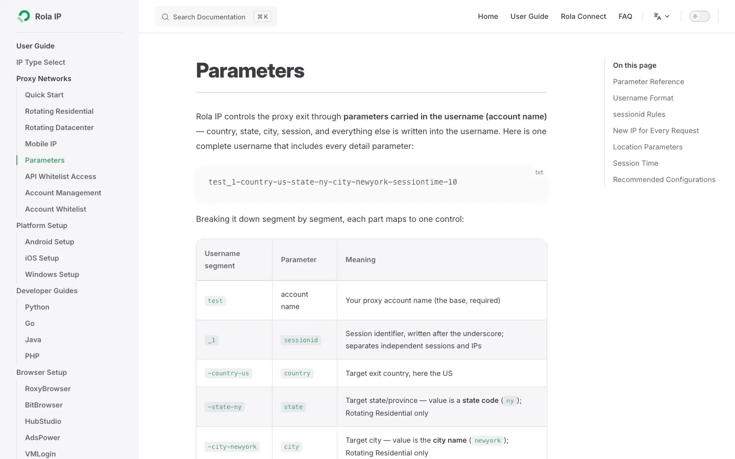 Rola IP proxy parameters page