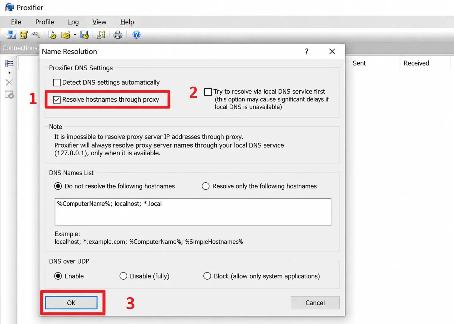 Figure 10. Resolve-hostnames-through-proxy option and the save button