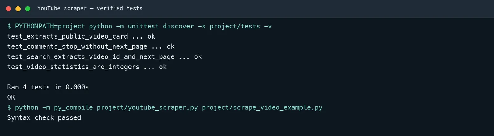 Example YouTube scraper unit-test output