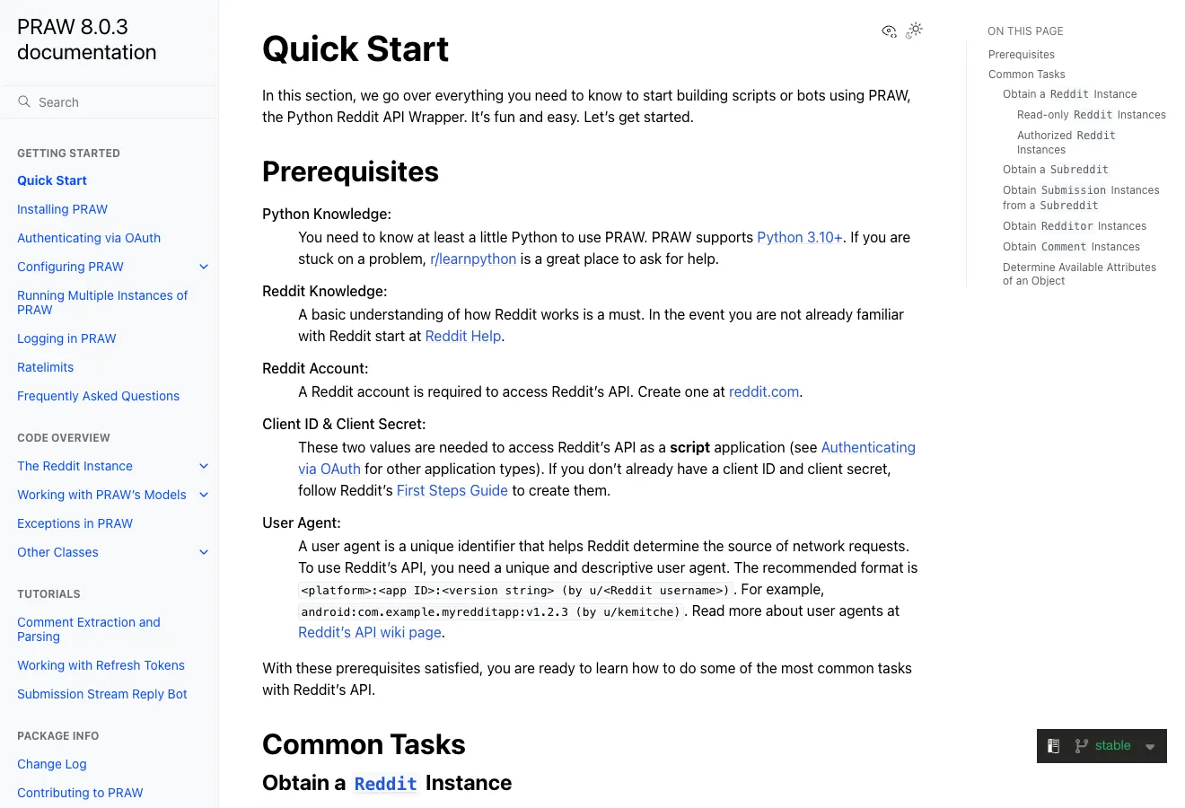 Image 1: PRAW Quick Start credential documentation