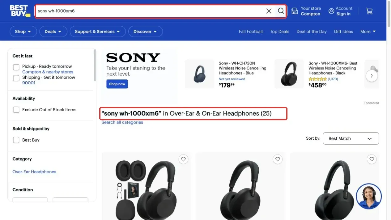 Best Buy搜索结果中的关键词和商品列表