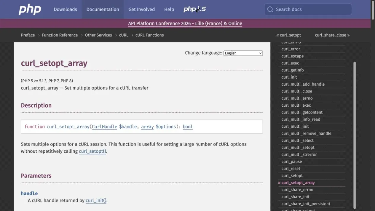 Official PHP documentation for cURL options