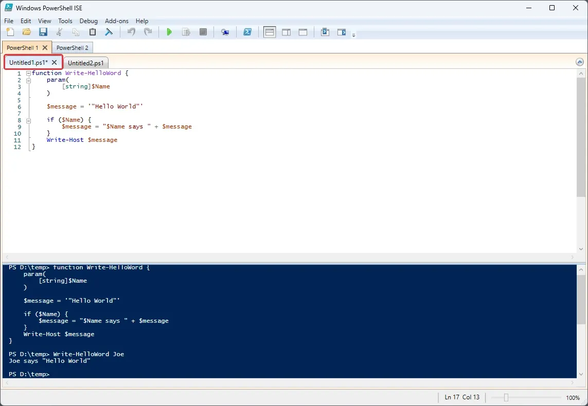 Windows PowerShell ISE中的脚本编辑区