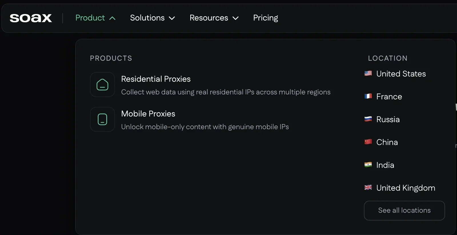 SOAX's public product page and proxy network targeting