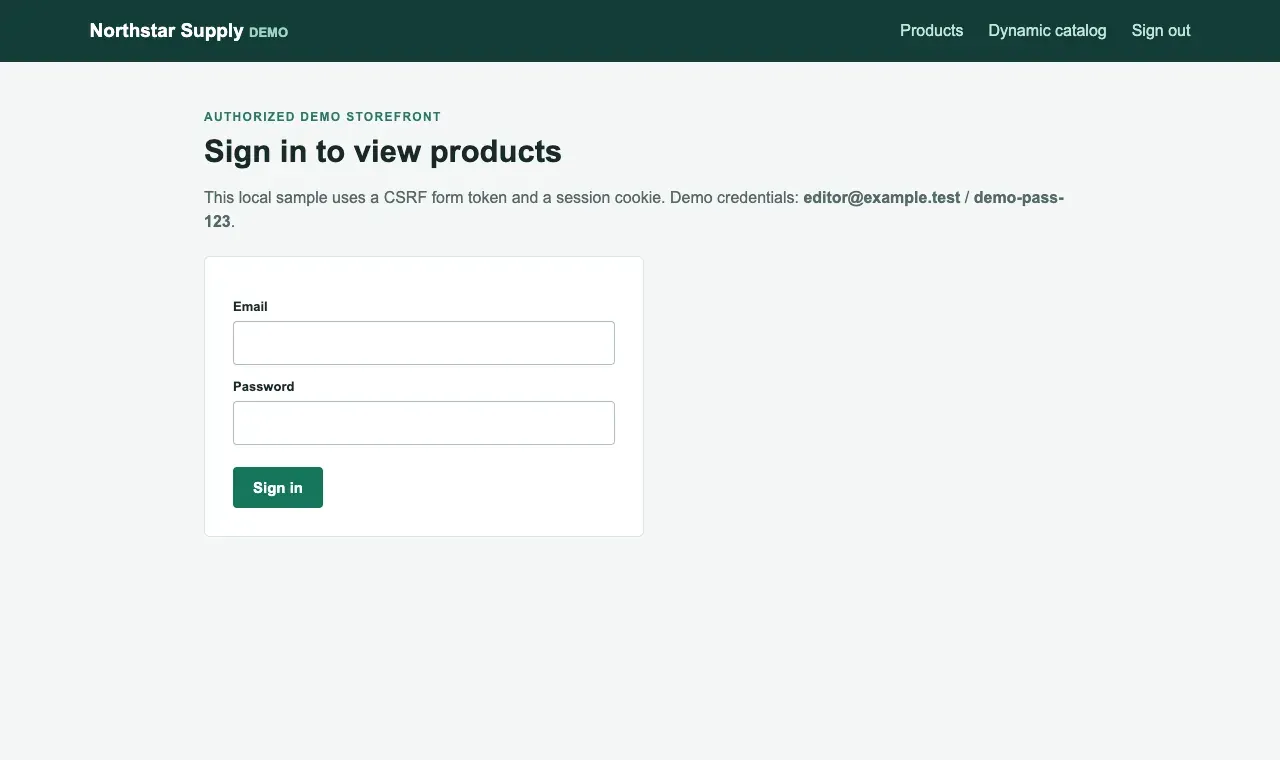 Example login page for a controlled demo storefront