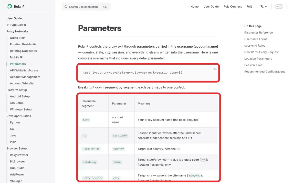 Rola IP Parameters page for country, city, session, and rotation settings