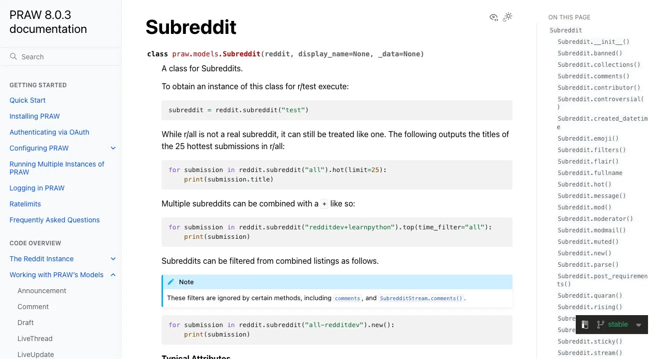 Image 2: PRAW Subreddit documentation