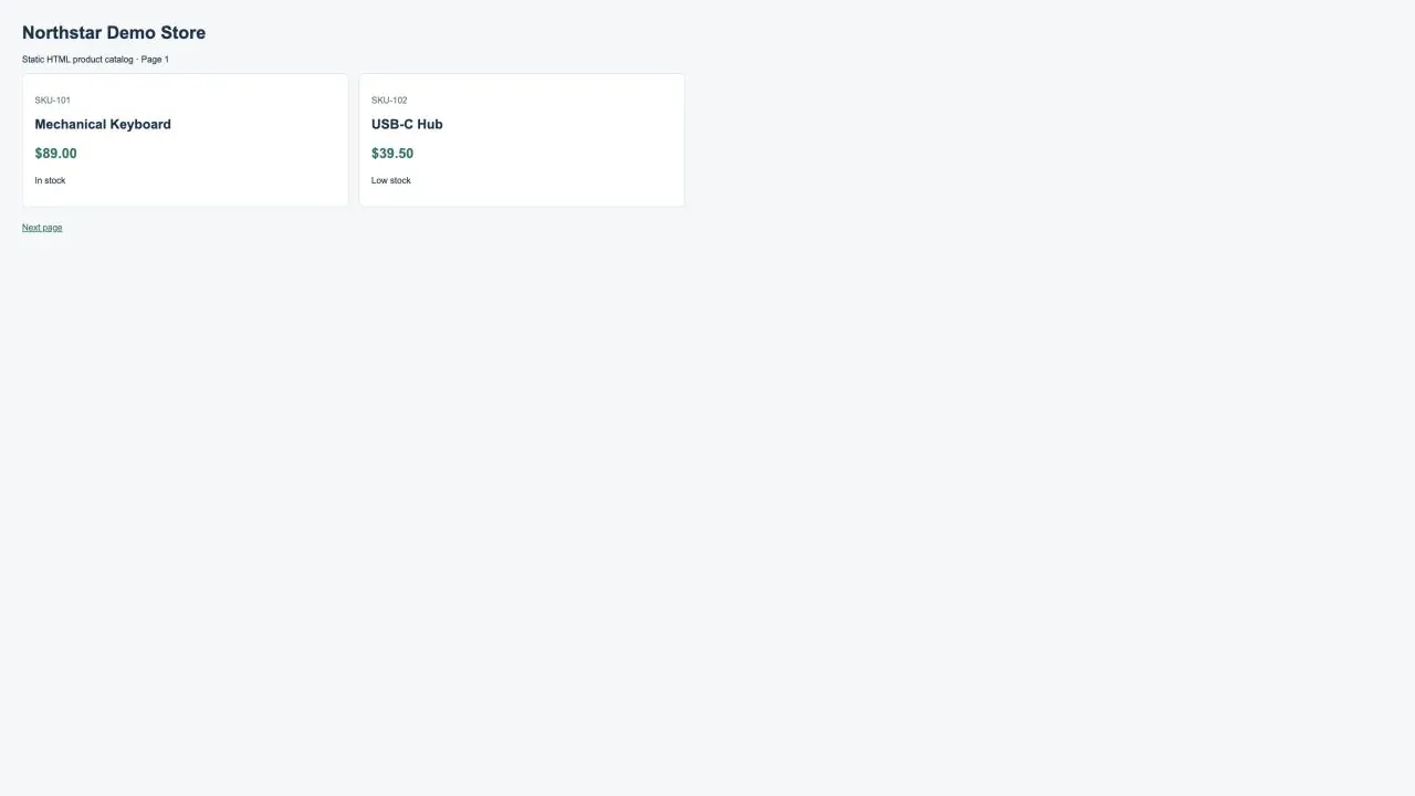 Local static product page containing SKU, product name, price, and stock
