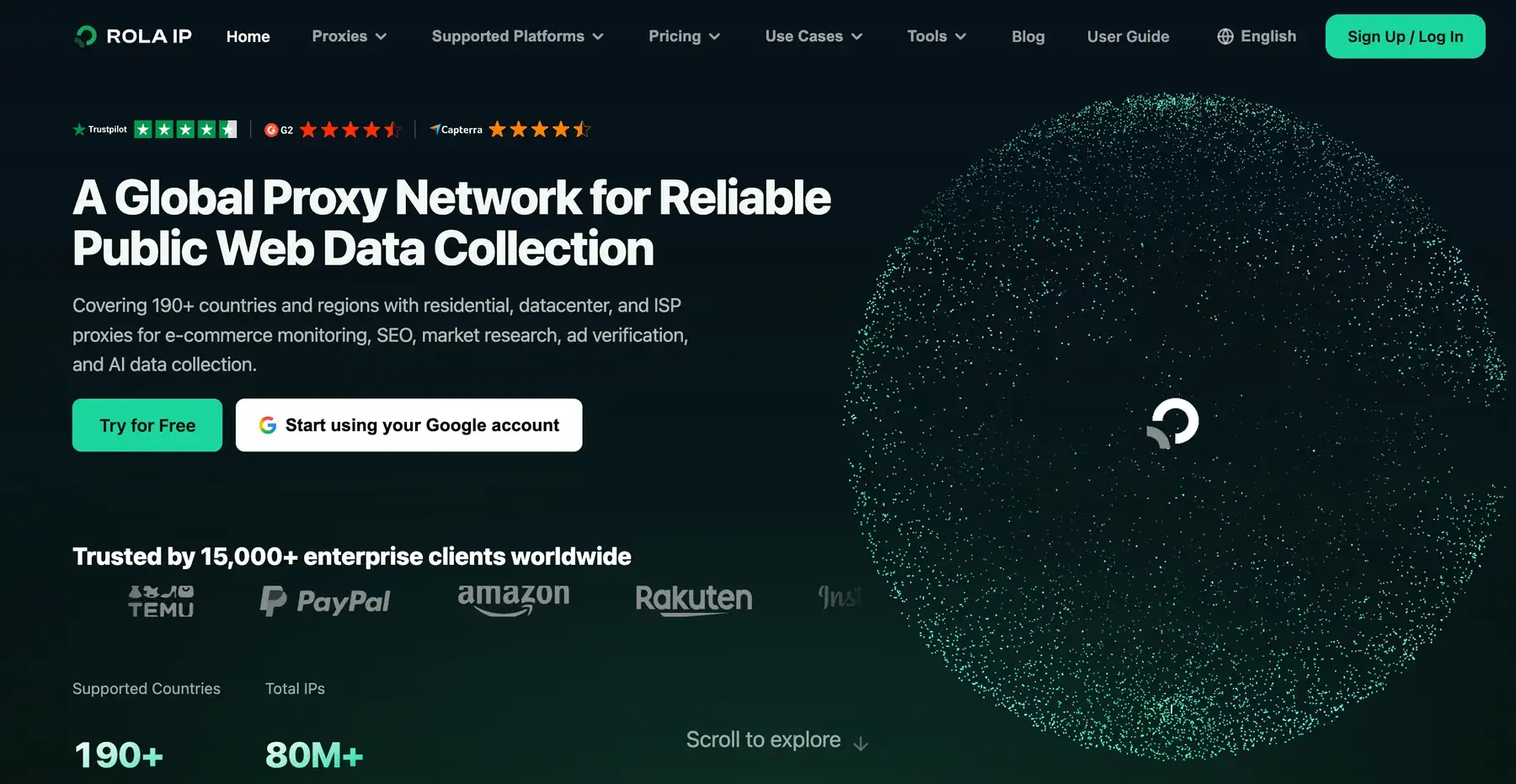 Rola IP English homepage showing residential, ISP, mobile and datacenter proxy options