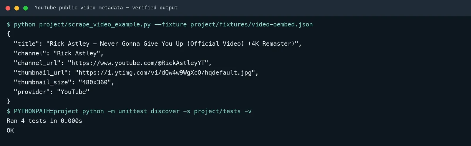 Example YouTube oEmbed extraction output and unit tests