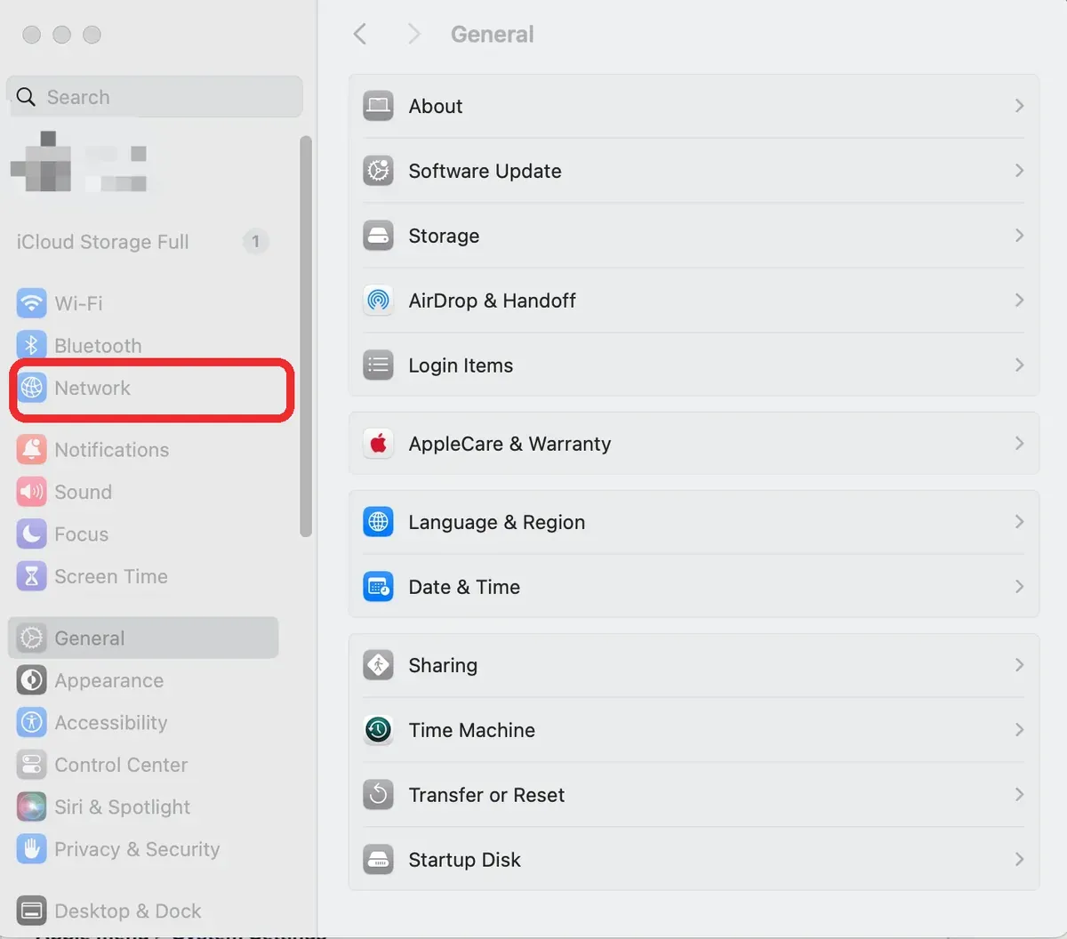 macOS System Settings General pane with Network in the sidebar