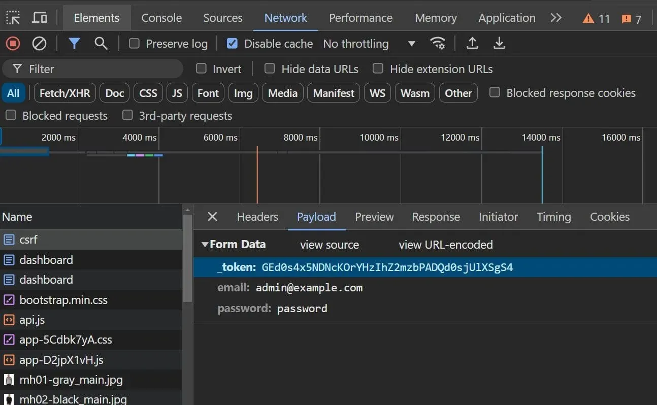 Login form fields in the browser Network Payload panel