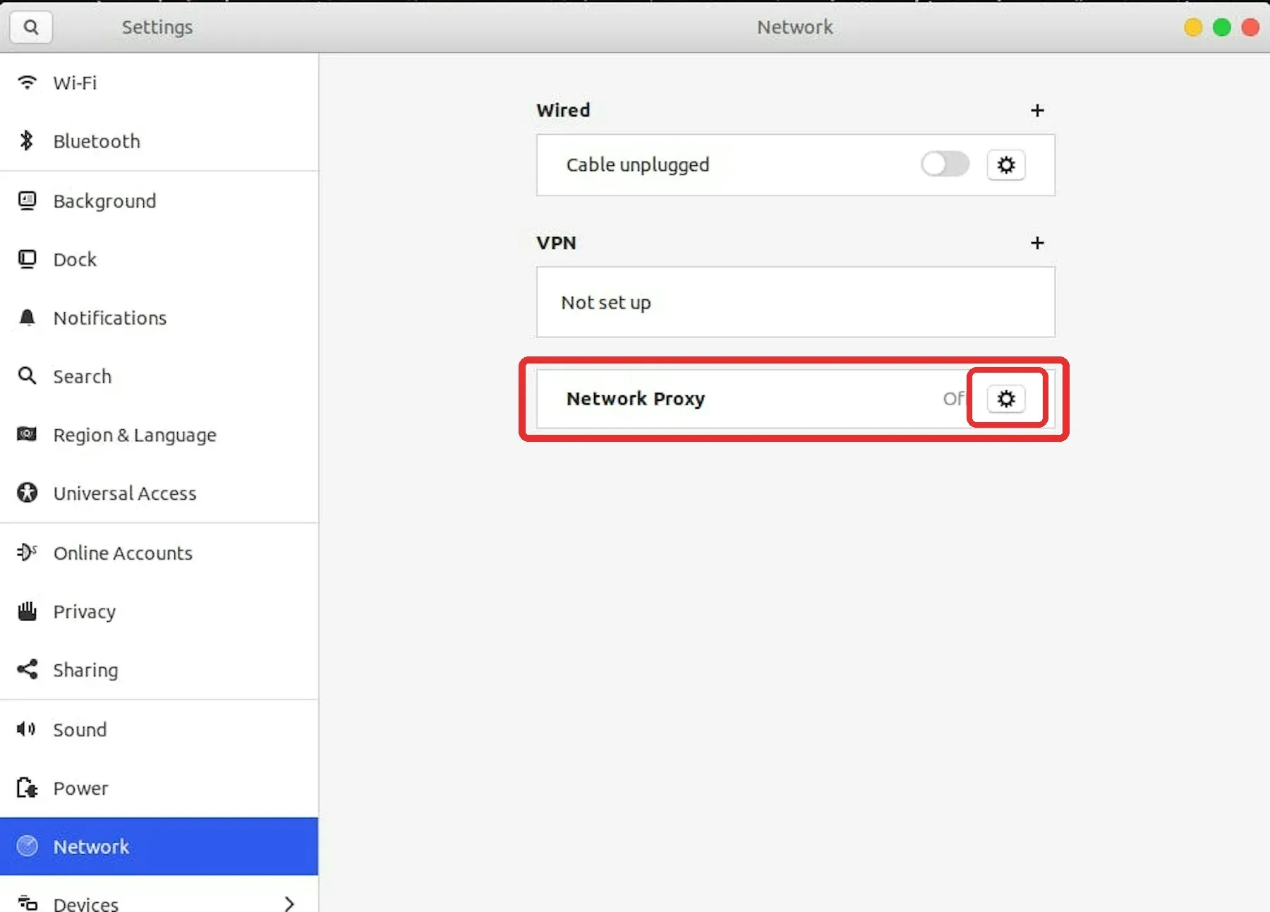Network settings with the Network Proxy gear button highlighted