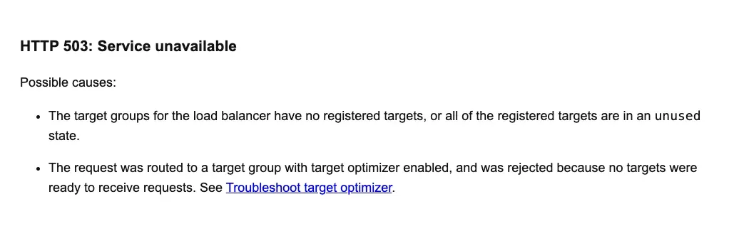 AWS ALB HTTP 503 troubleshooting documentation