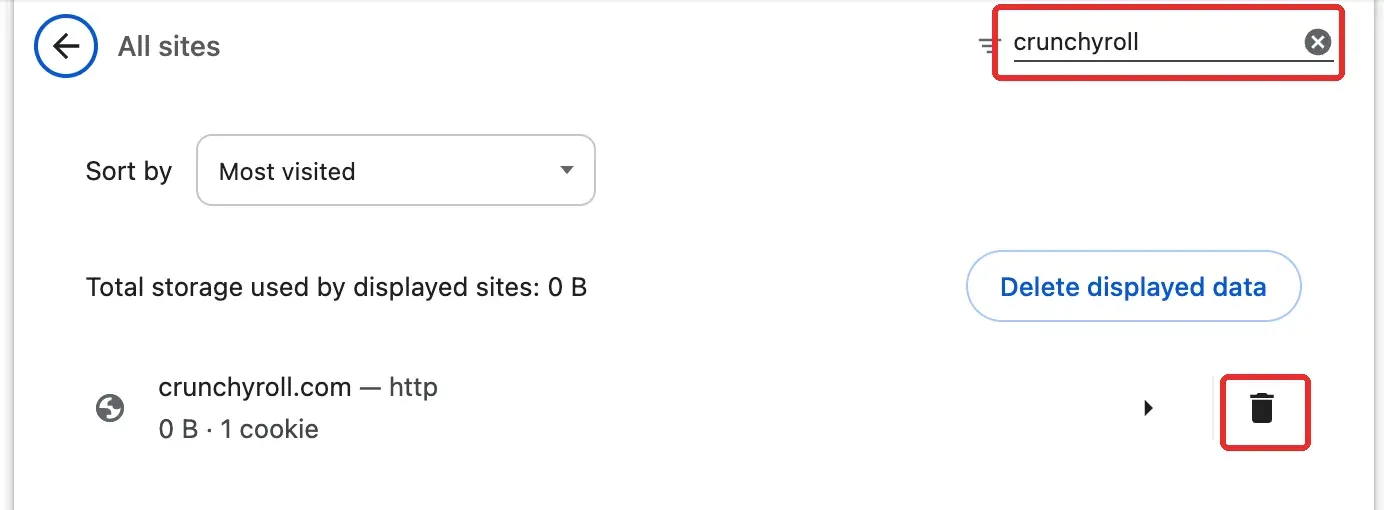 Figure 4. Search for Crunchyroll and locate the delete button for the matching site data