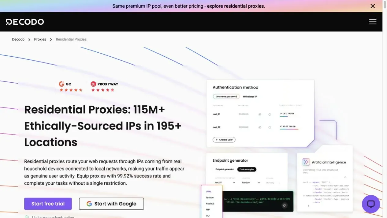 Decodo English residential proxy product page
