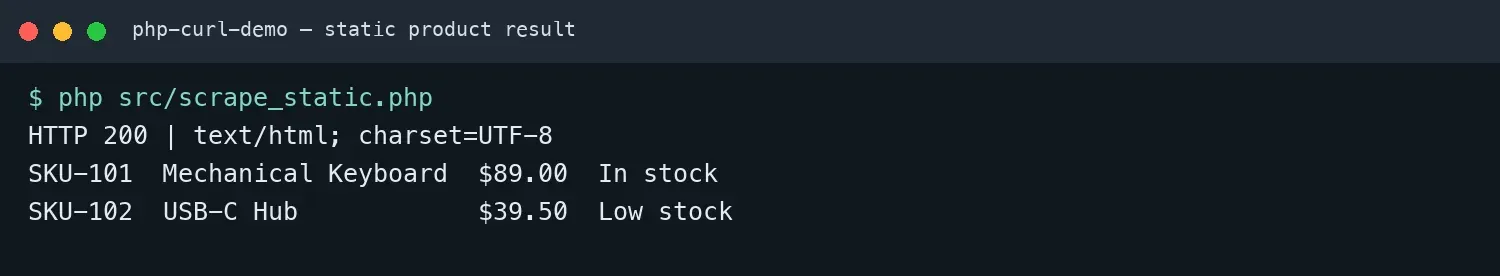 Actual result of the script extracting two products from the test page