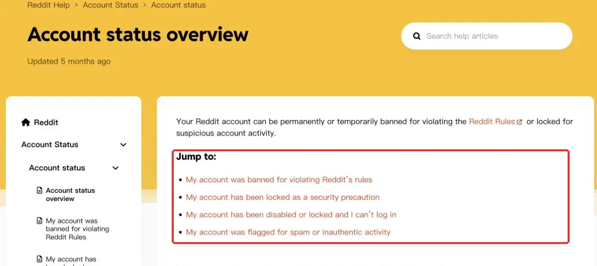 Figure 4. Reference image of Reddit’s Account status overview Help page, showing enforcement and security-lock categories
