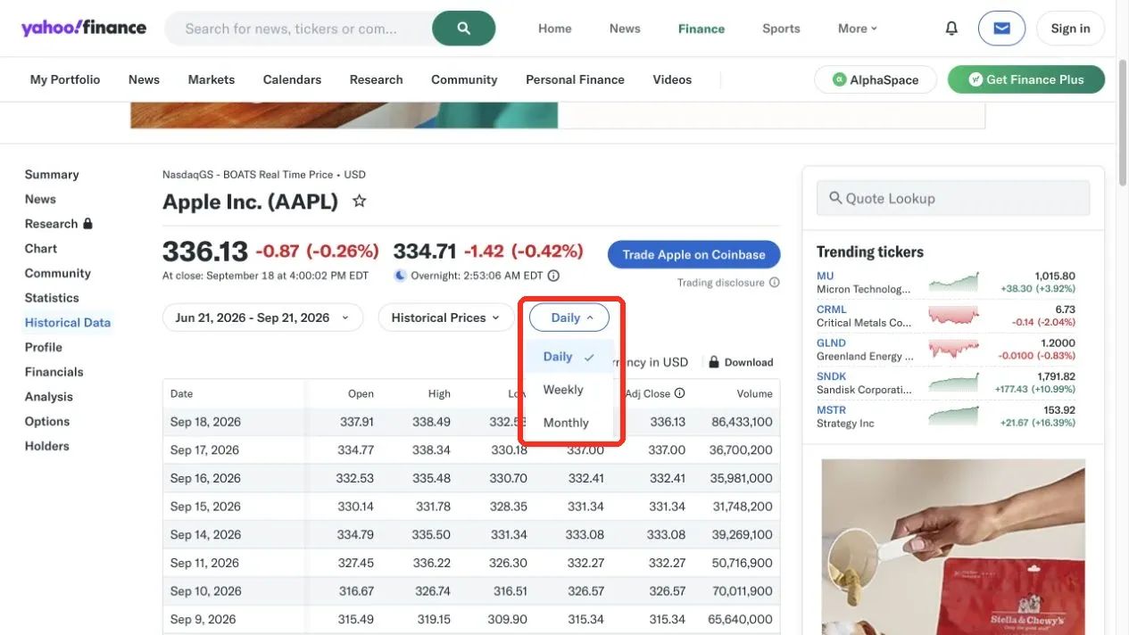 Figure 3: Choosing Daily, Weekly, or Monthly frequency on Yahoo Finance