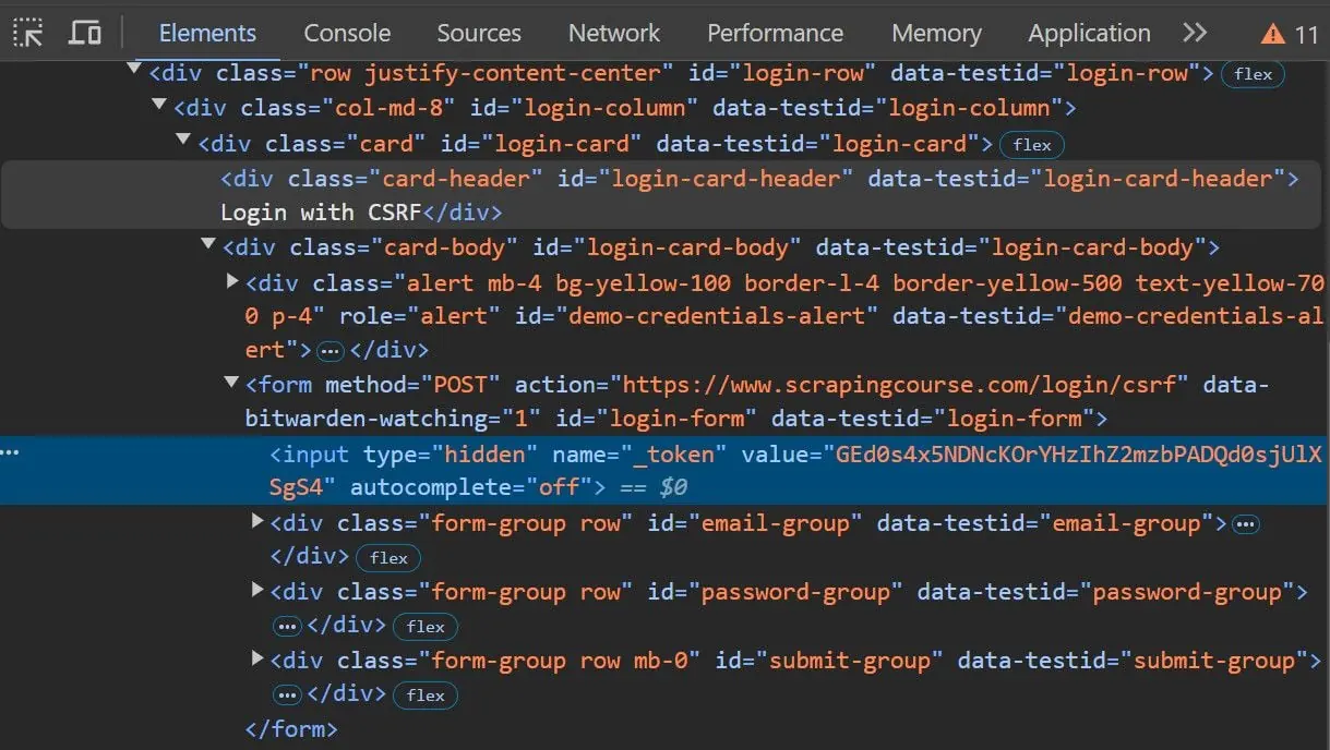 Hidden CSRF token input in the reference login form