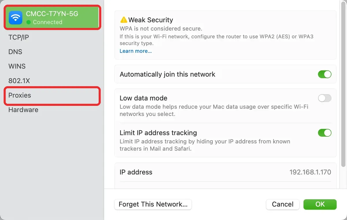Network details for the current macOS network service