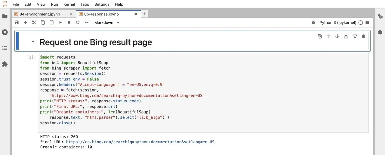 Figure 5: Actual Bing response status, host, and organic-result count