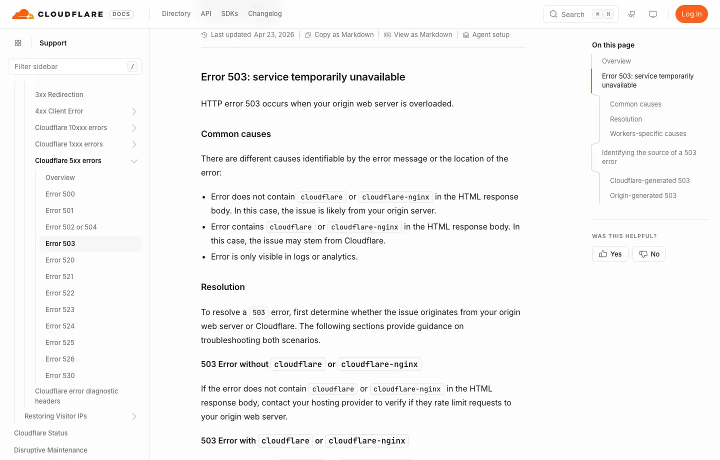 Cloudflare 503 troubleshooting page