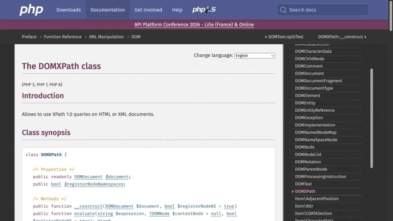 Official PHP DOMXPath reference page