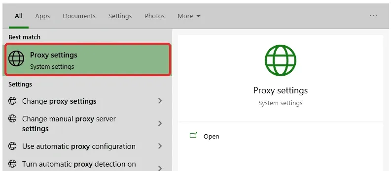 通过Windows搜索打开代理设置页面
