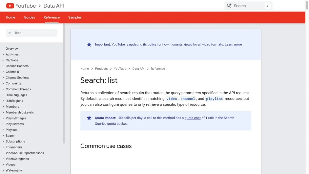YouTube search.list official documentation