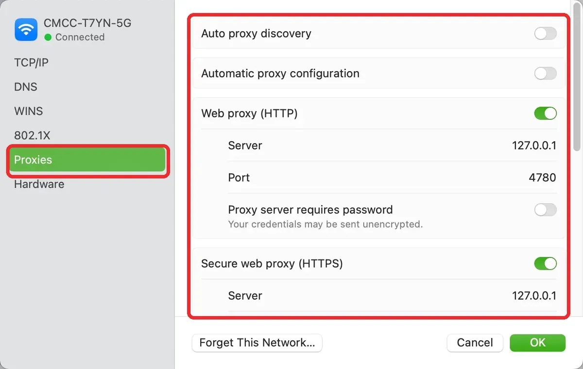 macOS Proxies panel showing automatic configuration and HTTP proxy fields