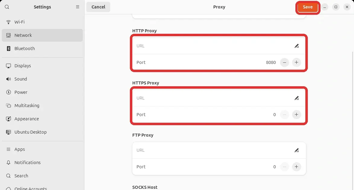 Proxy settings layout with HTTP and HTTPS fields and the Save button highlighted