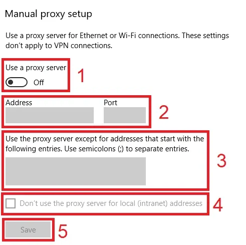 Windows手动代理设置中的开关、地址、端口、例外列表和保存按钮