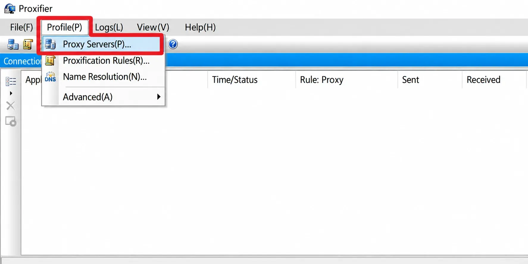 Figure 6. In Proxifier, click Profile → Proxy Servers
