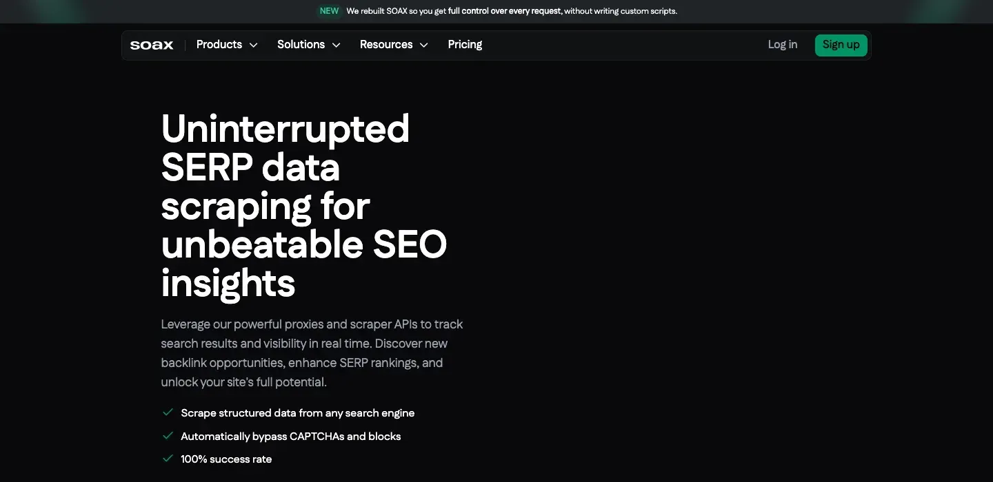 SOAX SEO监控页面，展示本地化SERP数据和抓取API